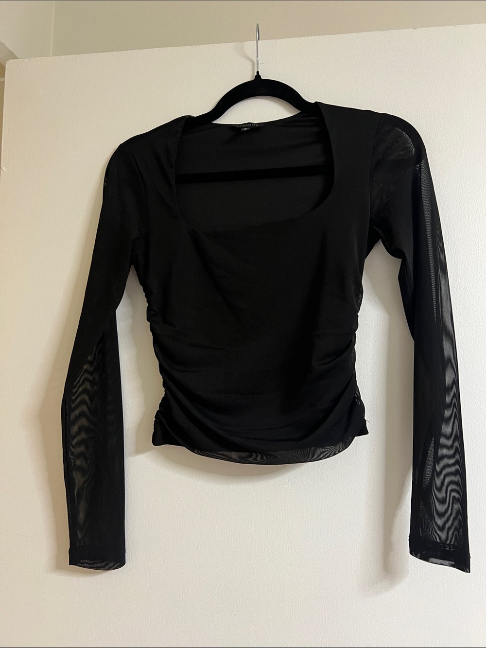 Dynamite Black Sheer-Sleeve Ruched Long-Sleeve Top